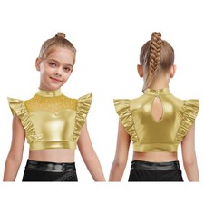 Kids Girls Crop Tops Rave Dancewear Performance Tank Top Stage Metallic Street