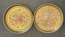 Set If 2 Brass Enameled Floral Coasters/ Trinket Dishes Approx D 3”