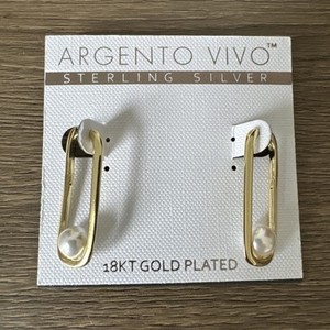 Authentic Argento Vivo Huggie Oblong Hoop Pearl 18K Gold Plated Earrings