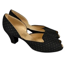 Vintage 40's Peep Toe Heels Daniel Green Black Gold Dot Pinup Boudoir Satin Sz 7