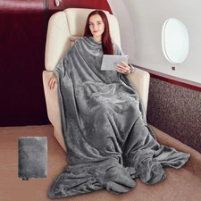 Travel Blanket Pillow - Wearable Airplane Blanket with Feet Pockets for Long ...