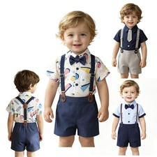 Toddlers Boys Gentleman Suit Bow Tie Shorts Stretchy Rompers Elastic Waist Set