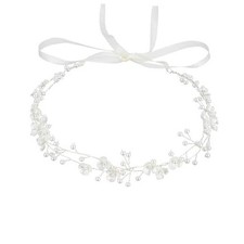 White Flowers Pearls Bridal Headband, Hair vine-with ribbon-A31-silver