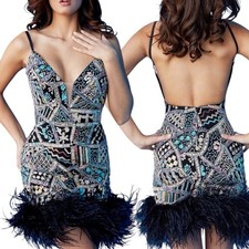 Jovani Spaghetti Strap Feather Trim Cocktail Dress Size 2 NEW NWT
