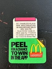2025 McDonald’s Monopoly St. Charles Place #806 Unredeemed,ONE MILLION AIR MILES