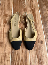 CHANEL Slingback Grosgrain CC Cap-toe Beige Black Leather Flats EU 35 US 5