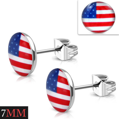 Stainless Steel Silver-Tone USA American Flag Patriotic Stud Earrings