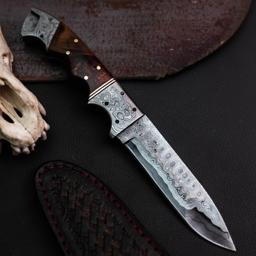 Wild Blades 8.7" Full Tang Hunting Knife Handmade EDC Damascus + Leather Sheath