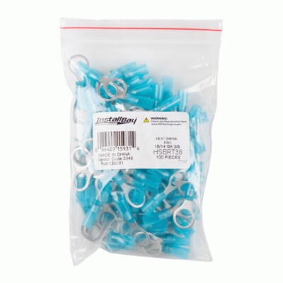 INSTALL BAY HSBRT38 / Blue 16-14 GAUGE Heat Shrink Blue Ring Terminals 3/8'' Ring