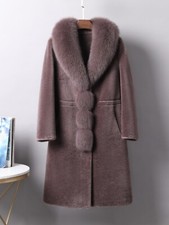 Womens Real Fox Fur Collar 100 Wool Lamb Shearling Mid Long Coat Warm Overcoats