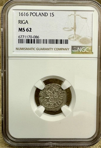 Poland Riga 1616 Shilling NGC MS62  Kop.# 8154 R Sigismund III Wasa High Grade