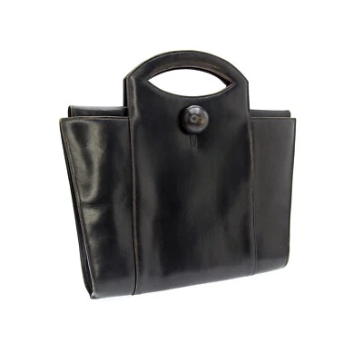 Sac à Main Art Déco Années 30 en Cuir Noir avec Grand Bouton et Doublure Verte - Photo 1/4