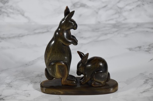 Rabbits Bunnies Hand Carved Rosewood Asian Zodiac Figure Vintage - 第 1/5 張圖片