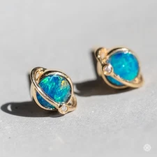 Earth and Moon Design Australian Doublet Opal & Diamond Stud Earrings 14K Yellow