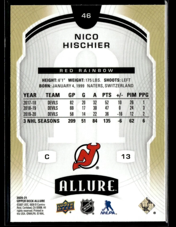 2020-21 Upper Deck Allure Red Rainbow Nico Hischier #46 - Image 2 of 2