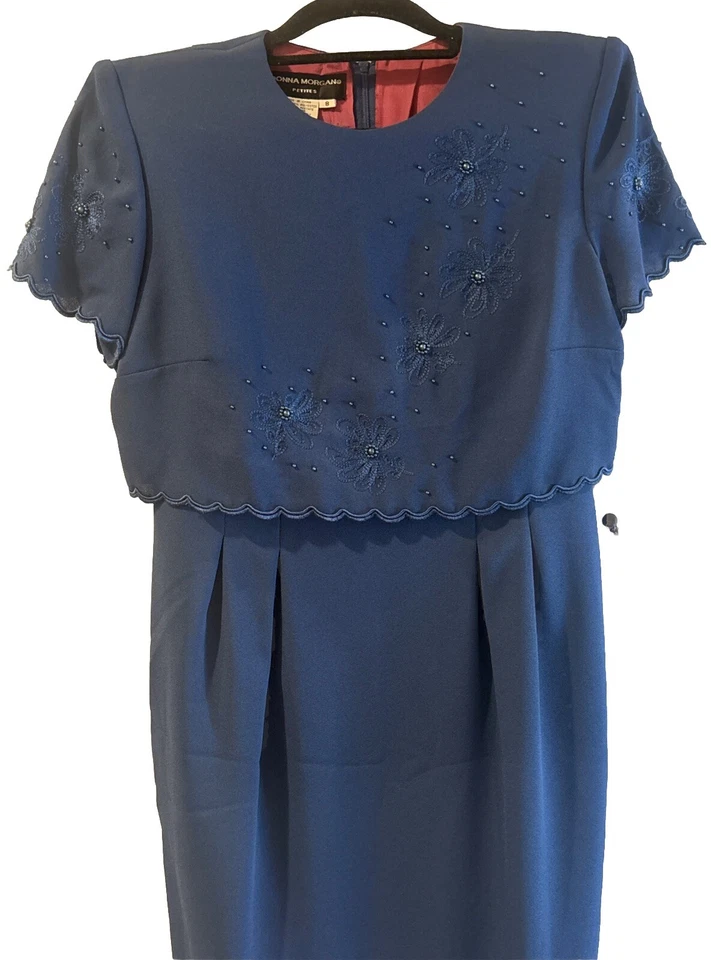 Vestido Donna Morgan Petites para mujer verde azulado bordado floral manga gorra talla 8 Foto 2 de 4