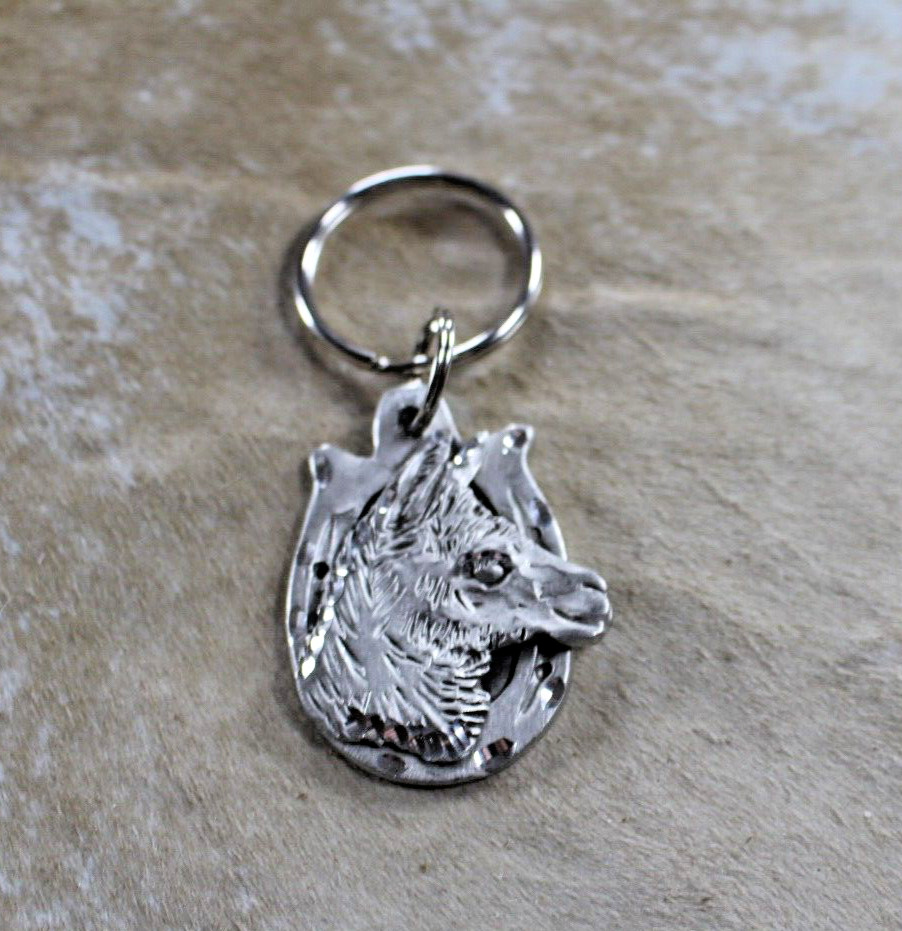 Llama Key Ring 2 x 1.50 in Horseshoe Diamond cut Pewter Handcrafted