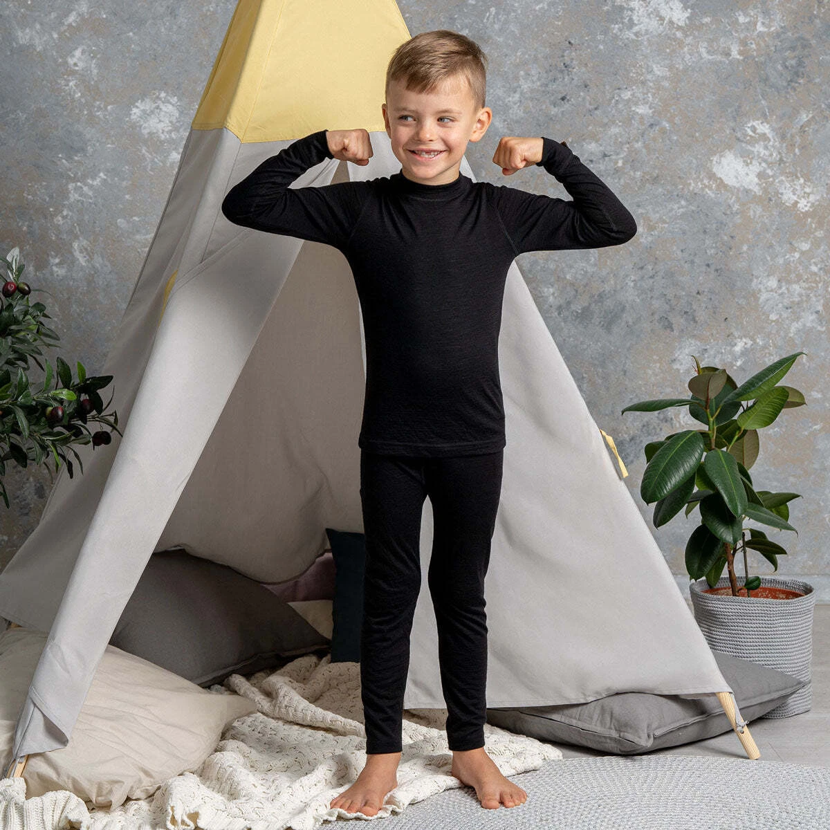 Natural Thermal Underwear Set for Kids * Unisex Merino Baby Base Layer 160 Black