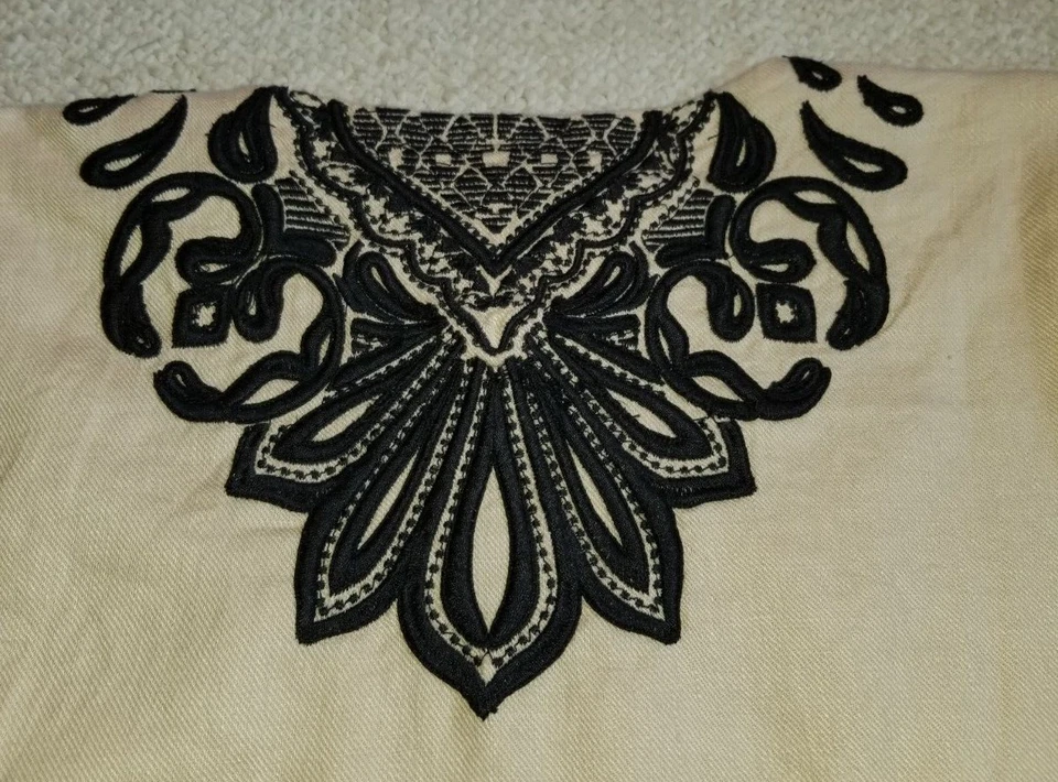 NWT $159 Womens Jacket-CHICO'S-tan/black embroidered BOHO linen open-2 (10/12) - Image 4 of 4