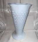 Vtg Anchor Hocking White Milk Glass Vase 9" High 5" diam Ruffle Hobnail Trumpet