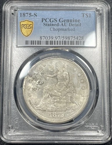 1875-S Trade Silver Dollar $1 PCGS AU Details Chopmarked Stained