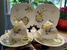 Royal Albert “ Primulette” Floral Cups & Saucers & Side Plates Trio Green Trim