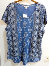 NWT Lucky Brand Women's Short Slv XL Tee Boho Floral Inspired Shades of Blue