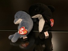   RARE Ty Beanie Baby / Echo the Dolphin / Waves the Whale / ERROR / Wrong Tags