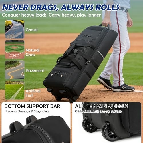 Große rollende Baseballtasche mit Rollen, Softball Ausrüstungstasche für 4 Schläger, tragbar C - Bild 5 von 8