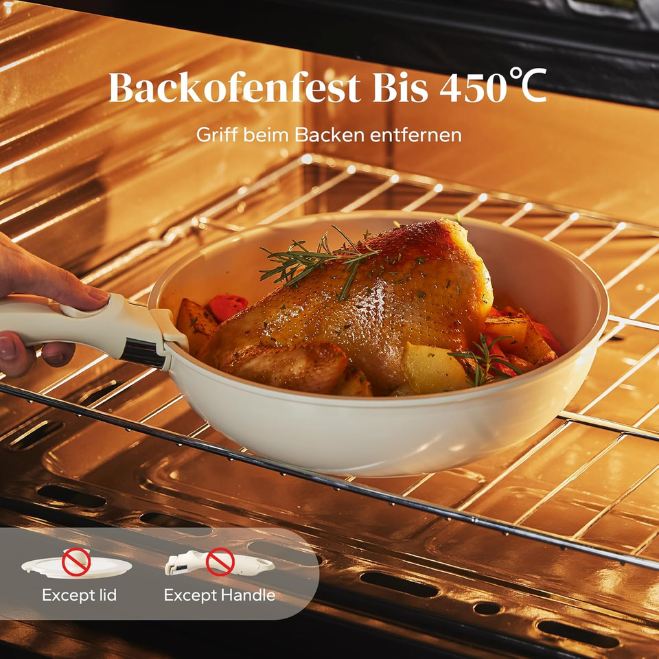 Bakken-Swiss Set Di Pentole In Granito 15 Pezzi - Antiaderente, Con Manici Rimovibili, Adatto A Induzione E Forno, Color Crema