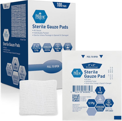 Sterile Gauze Pads for Wound Dressing & First Aid Kit, 2'' X 2'' 100-Pack