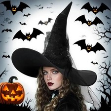 Scary black witch hat for Halloween, with spider, bat,man