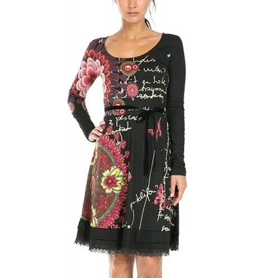 Desigual Damen schwarz geometrisches Langarm Kleid Größe Large Rundhals ohne ... - Bild 1 von 4