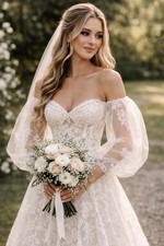 Monique Lhuillier Bridal Gown Balloon Sleeves New White Chantilly Lace￼