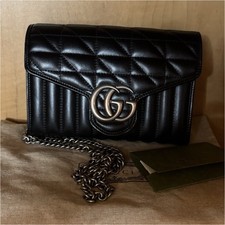 Gucci GG Marmont Black Quilted Chain Crossbody Bag Snap Flap Gold GG Logo