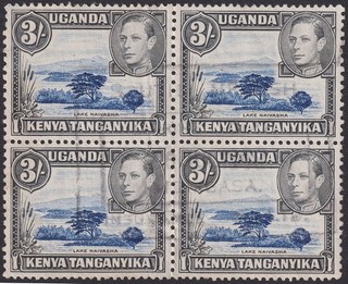 Kenya Uganda Tanganyika 1938 KGVI 3sh p13x11¾ Block Fiscally Used SG147