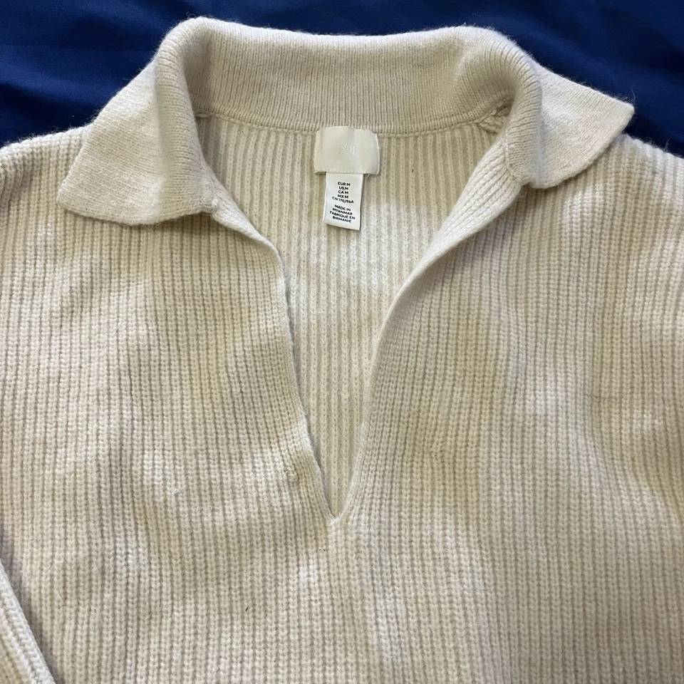 H&M Knit Sweater Women’s M Oversized V Neck Collared Long Sleeve Pullover Cream - Image 2 of 4