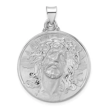 14k White Gold Polished and Satin Hollow Jesus Face Disc Pendant