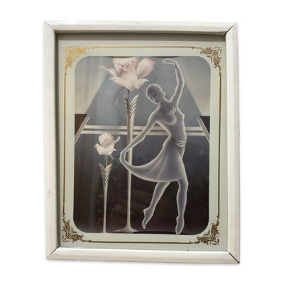 Vintage 80s Art Deco Style Glass Framed Ballerina Ballet Art
