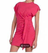 Elan Women's Short Sleeve Side Tie Mini Dress Fuchsia Size Small 100% Cotton