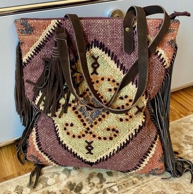 Kelim Tasche mit Fransen gewebt Wolle und Wildleder