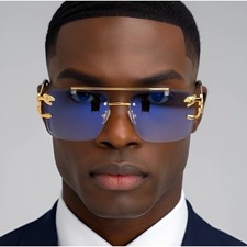 Gold Rimless Square Sunglasses Men Hip Hop Gradient Lens Trendy Fashion Shades