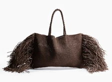 H&M Oversized Fringed Straw Bag Shopper Beach Tote Brown Bohemian Large New