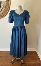 Vintage 90s Laura Ashley Great Britain Blue Tea Dress Puff Sleeves L