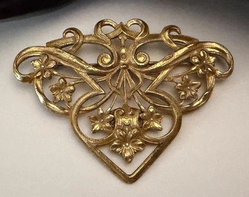 Vintage Signed Miriam Haskell Art Nouveau Filigree Brooch Gold Tone 2-1/2”