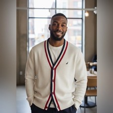 Nautica Men  s Cream Color Cotton Sweater with Navy and Crimson Accents Size XL