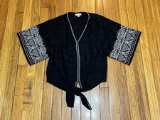 Max Studio Black Tie Waist Blouse w/Decorative Embroidered Sleeves Women's Med