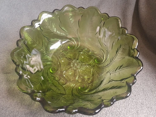 Vintage Indiana Glass Wild Rose Green Glass Floral Pattern Footed Bowl 9”