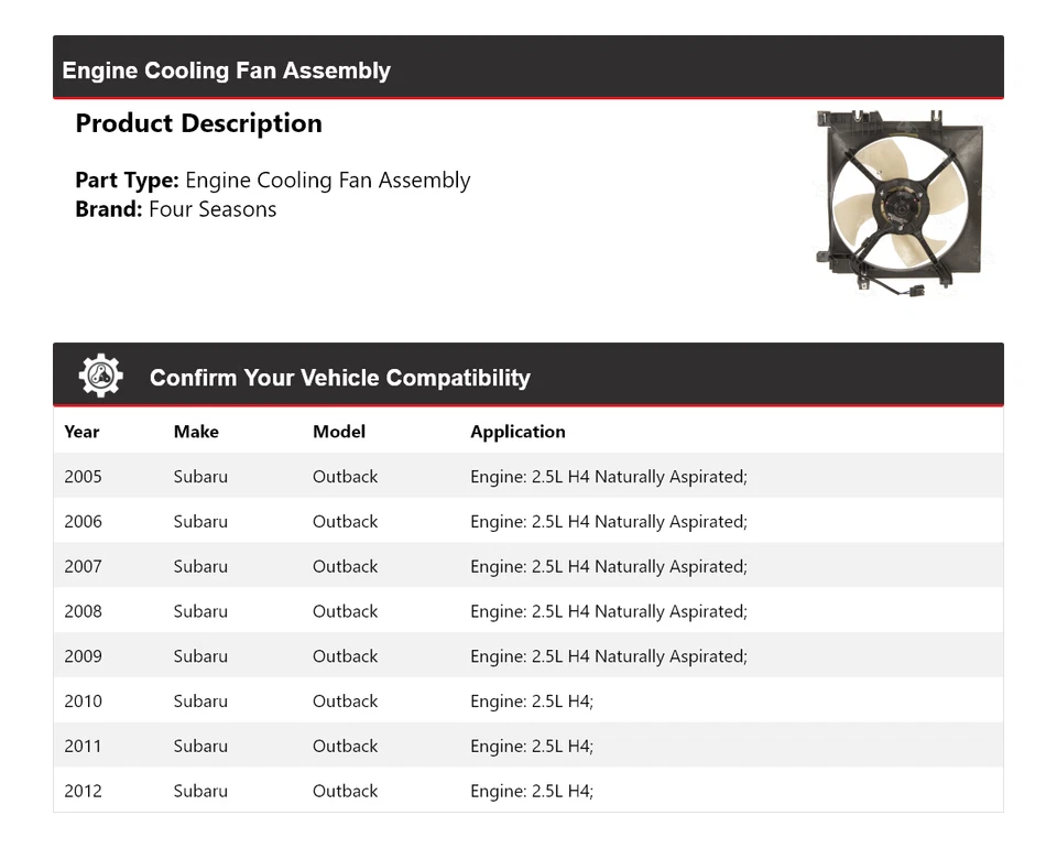 Conjunto de ventilador de refrigeración del motor Subaru Outback 2005-2012 4 estaciones 2006 2007 Foto 2 de 4