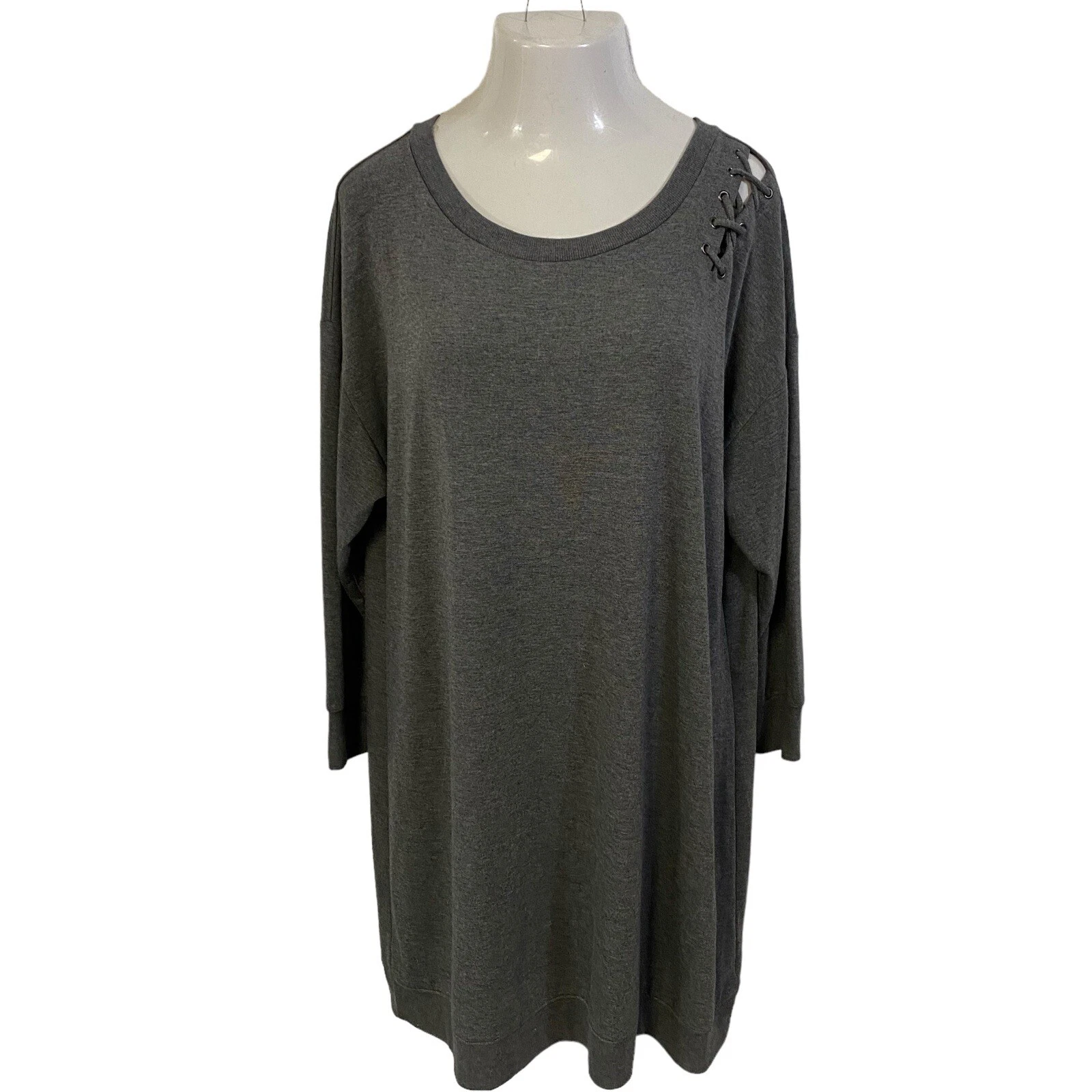 VETEMENTS Xersion Dress Womens Sz X 14W Athleisure Gray Grommet Lattice Shoulder Knit Cozy